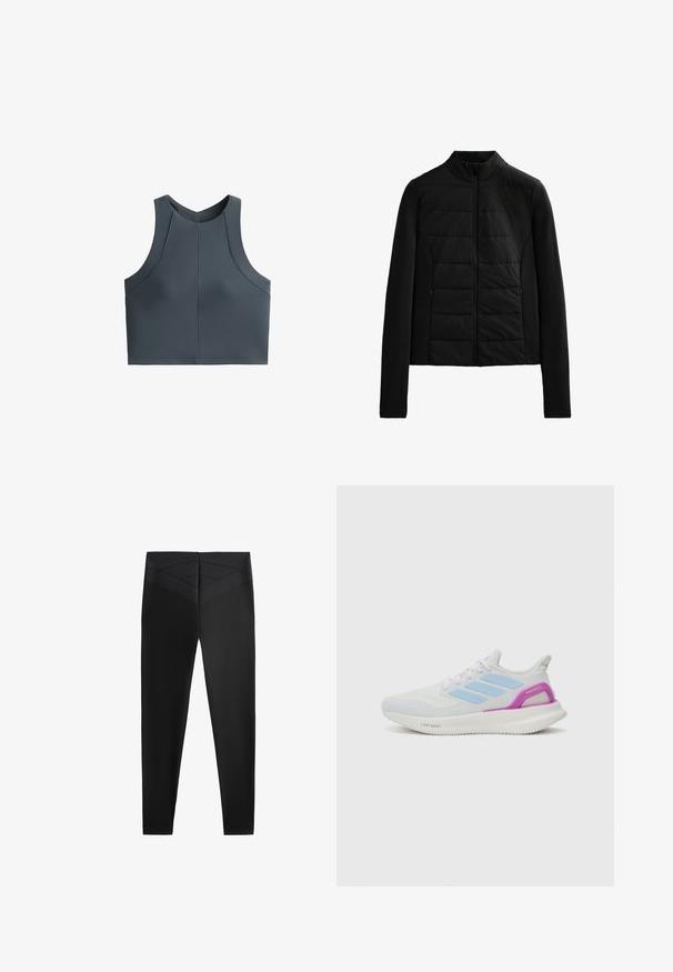 Czarna pikowana kurtka z długimi rękawami, stojącym kołnierzem i zamkiem błyskawicznym z przodu, zaprojektowana z myślą o lekkim cieple i dopasowanym kroju.; Szary krótki top o prążkowanej fakturze, bez rękawów, z okrągłym dekoltem, z akcentami szwów dla lepszego dopasowania.; Czarne legginsy sportowe o gładkiej fakturze, z szerokim pasem w talii i ukośnym wzorem tekstury w okolicy pasa, który dodaje szczegółów projektowych.; adidas Performance PUREBOOST 5 biały