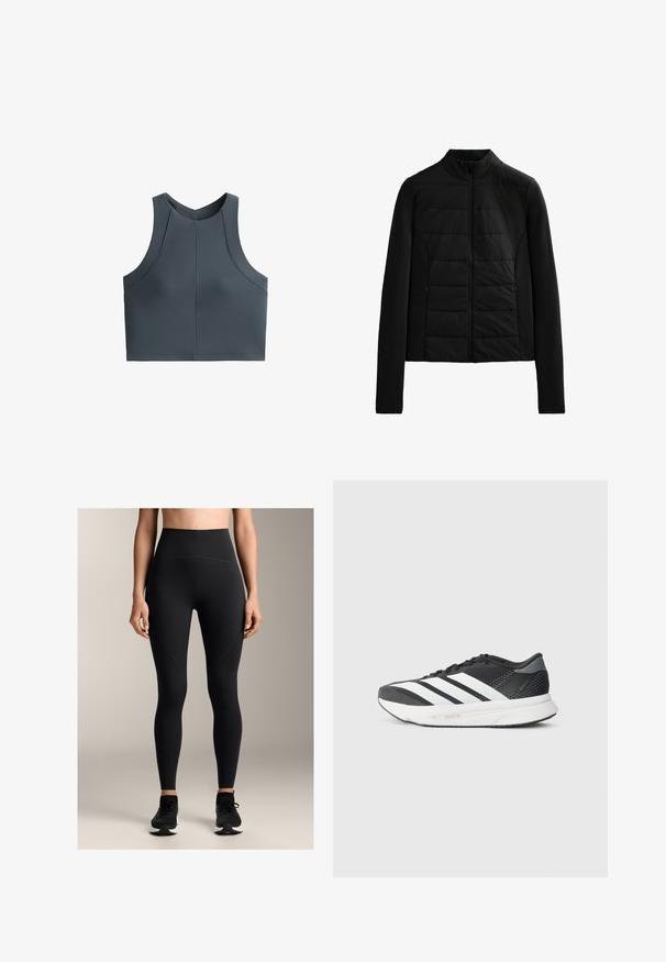 Zwarte gewatteerde jas met lange mouwen, staande kraag en ritssluiting aan de voorkant, ontworpen voor lichte warmte en een slanke pasvorm.; Grijze cropped top met een geribbelde textuur, mouwloos ontwerp en ronde halslijn, met naadaccenten voor een gestructureerde pasvorm.; Hooggenaaide zwarte leggings gemaakt van rekbare stof, met een gladde textuur, stiksel details en een aansluitend ontwerp.; Zwarte sport schoen met witte strepen, bovenwerk van mesh, gevoerde zool en een gestroomlijnd ontwerp. Accenten van grijs op de hak en tong.