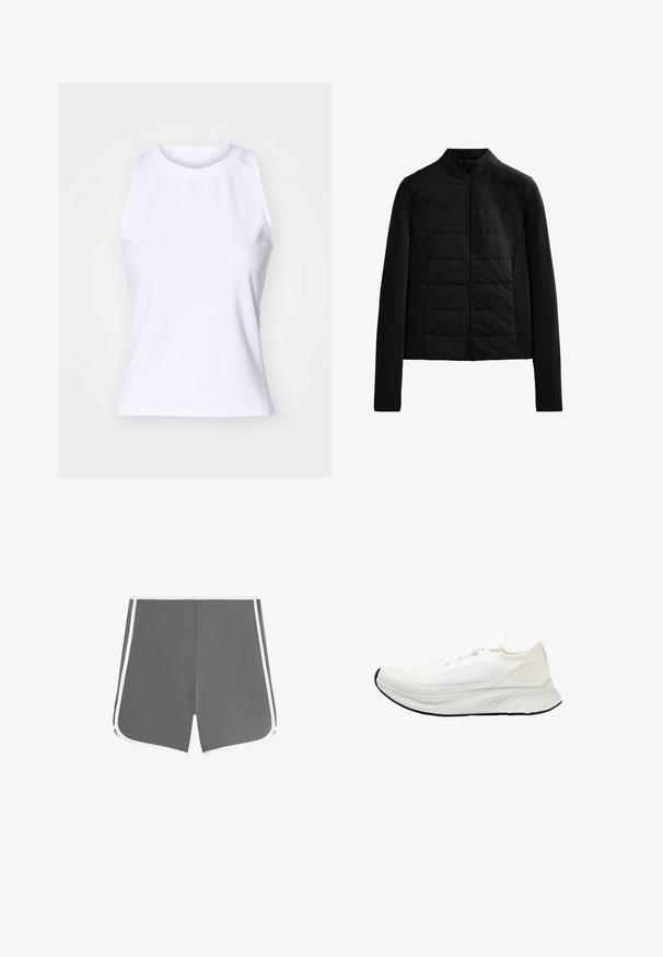 Schwarze gesteppte Jacke mit langen Ärmeln, Stehkragen und vorderem Reißverschluss, entworfen für leichte Wärme und eine schlanke Passform.; Weißes ärmelloses Tanktop aus glattem Baumwoll-Mix-Stoff. Mit Rundhalsausschnitt und dezentem Logo-Stickerei auf der Vorderseite.; Graue Badeshorts mit weißen Seitenpaneelen, die ein einfaches, modernes Design und einen komfortablen Sitz bieten, geeignet für Wassersportaktivitäten.; Weißer Laufschuh mit einem Obermaterial aus Mesh, leichtem Design, glatter, abgerundeter Sohle und schwarzer Gummiaußensohle. Verfügt über flache Schnürsenkel und minimalistische Akzente.