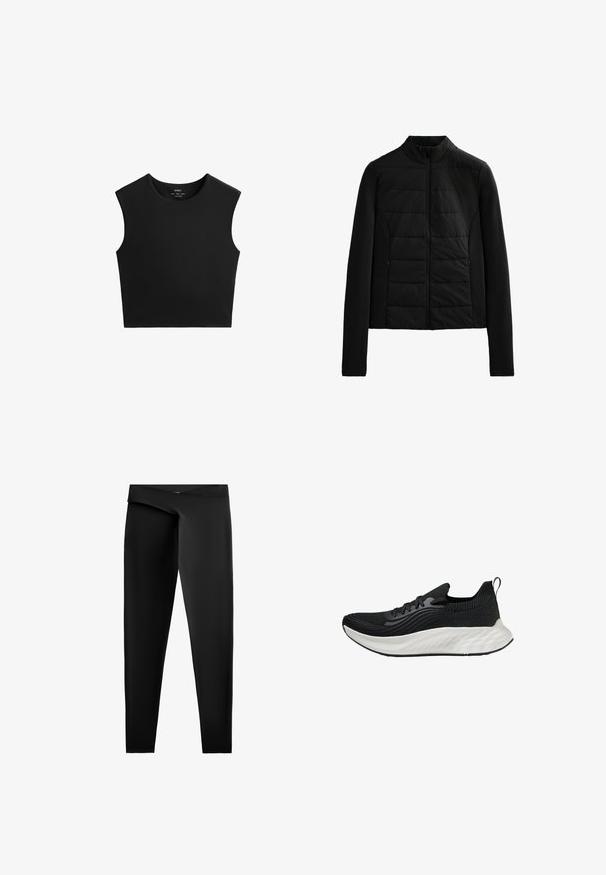 Jachetă neagră matlasată, cu mâneci lungi, guler în picioare și închidere cu fermoar frontal, concepută pentru o căldură ușoară și o croială elegantă.; Top cropped negru fără mâneci, cu guler rotund, confecționat dintr-un material neted și elastic. Design simplu; fără modele sau accente vizibile.; Colanți negri fabricați dintr-un material neted și elastic. Au o talie înaltă și o siluetă ajustată cu o croială dreaptă până la glezne.; Pantofii sport negri au un superior texturat, o talpă albă căptușită și branding subtil. Dispun de un tab de tragere și închidere cu șiret.