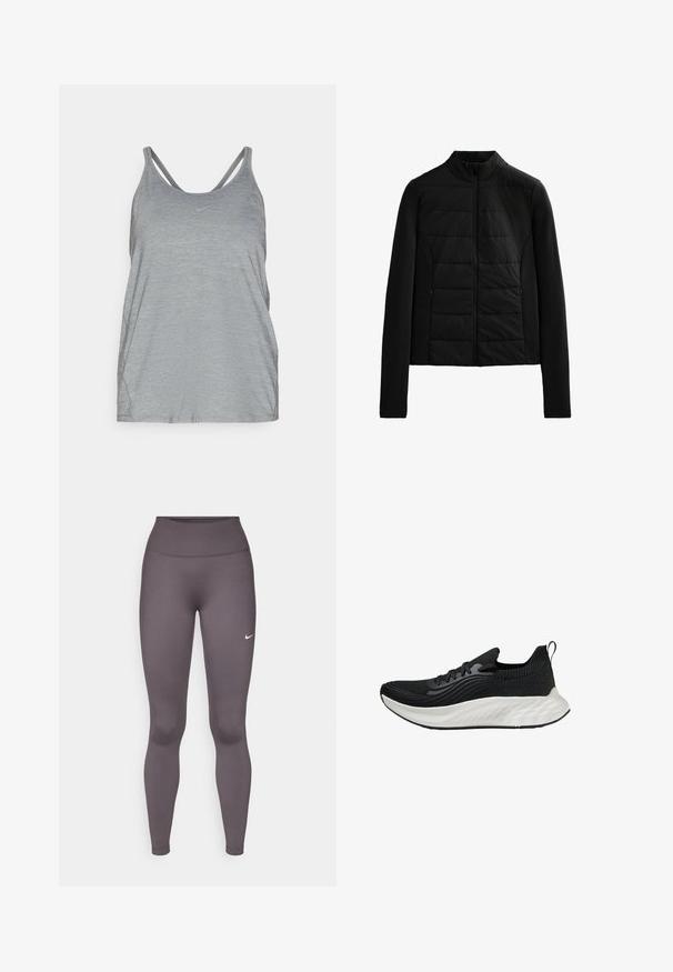 Fekete steppelt dzseki hosszú ujjakkal, álló gallérral és elől zippzárral, amely a könnyű melegséget és a karcsú illeszkedést szolgálja.; Szürke sportos ujjatlan póló puha, texturált anyagból, kettős pántos dizájnnal és egy kis Nike logóval a mellen.; Szürke leggings rugalmas anyagból, magas derékrésszel, sima felülettel és egy kis fehér logóval a bal combon.; Fekete sportcipő texturált felsőrésszel, fehér párnázott talppal és diszkrét logóval. Húzófül és fűzős záródás jellemzi.