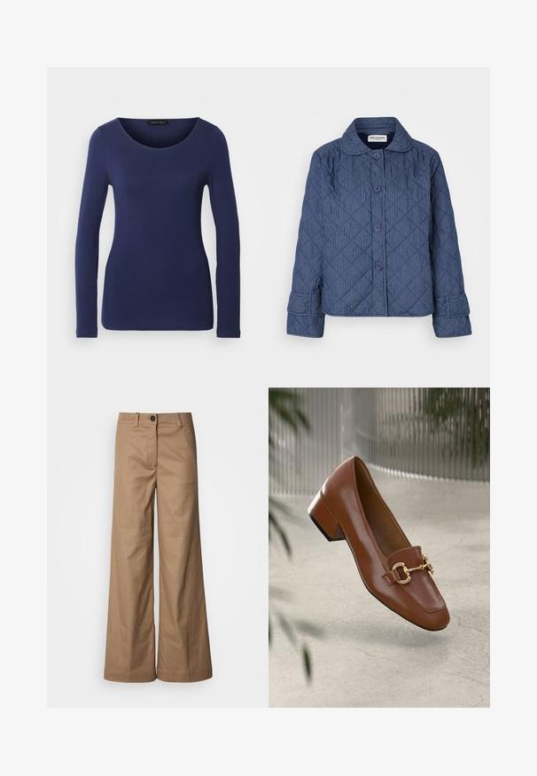 Tamsiai mėlynas siuvinėtas švarkas su vertikaliomis baltomis juostelėmis, su apykakle, septyniais mygtukais ir žemyn pasuktais rankovėmis.; Tamsiai mėlynos ilgosios rankovės marškiniai, pagaminti iš minkštos medžiagos, su apvalia iškirpte ir pritaikyta forma. Nėra matomų raštų ar akcentų.; Platus kelnes, pagamintos iš lygaus, rusvos spalvos audinio. Yra priekinė sagtis, diržo kilpos ir šoninės kišenės. Švarios linijos, be matomų raštų.; Rudi lakinės odos loafer'iai su kvadrato formos nosimi, metalinėmis grandinėlių detalėmis ir žemu blokiniu kulnu; sklandus tekstūra, minimalistinis dizainas.