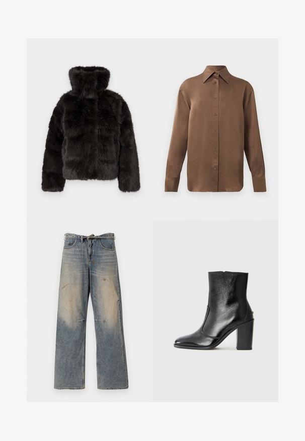 Črna jakna iz umetnega krzna z visokim ovratnikom, skrajšanim krojem in dolgimi rokavi. Ima teksturirano površino z mehkim, puhastim izgledom.; Rjav dolg rokav s srajco s gumbi in koničastimi ovratniki in manšetami, prikazana na enostavni beli podlagi.; Svijetloplave traperice s labavim ravnim krojem. Imaju izbledele detalje, tragove habanja i oštećenja u području koljena. Klasičan stil s pet džepova.; Črne usnjene gležnarske čevlje z gladko teksturo, koničastim nosom in debelim visokim petam. Imajo stransko odprtino in minimalističen dizajn.