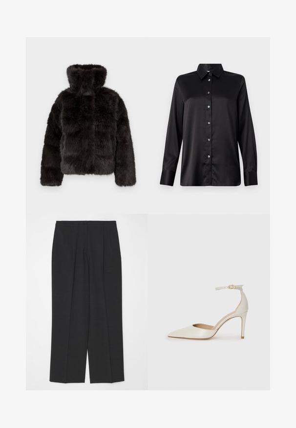 Crna jakna od umjetnog krzna s visokim ovratnikom, skraćenim dizajnom i dugim rukavima. Ima teksturiranu površinu s mekanim, plišanim izgledom.; Crna satenasta košulja dugih rukava s ovratnikom, prednjim kopčanjem na gumbe i manžetama s jednim gumbom. Glatka tekstura s lagano opuštenim krojem.; Tamno sivi krojeni hlače ravnog kroja s jednim dugmetom, dva prednja nabora, glatka tekstura i bez ukrasa.; Bijela kožna visoko potpetica s oštrim vrhom, remenom oko članaka i tankom stiletto potpeticom. Glatka tekstura s blagim sjajnim završetkom.