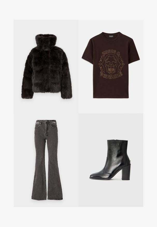 Schwarze Kunstpelzjacke mit hohem Kragen, cropped Design und langen Ärmeln. Sie hat eine strukturierte Oberfläche mit einem weichen, plüschigen Aussehen.; Schwarzes T-Shirt aus Baumwolle mit einem Skelettgrafik, die von goldenen Nieten umrissen ist, mit dem Text "Zadig & Voltaire", kurzen Ärmeln und Rundhalsausschnitt.; Schwarze Schlagjeans aus Denim mit einer verblassten Textur, ausgestattet mit Vordertaschen, Gürtelschlaufen und metallischen Akzenten am Bund.; Schwarze Leder-Stiefelette mit glatter Textur, spitzem Fuß und klobigem hohen Absatz. Verfügt über eine seitliche Öffnung und ein minimalistisches Design.