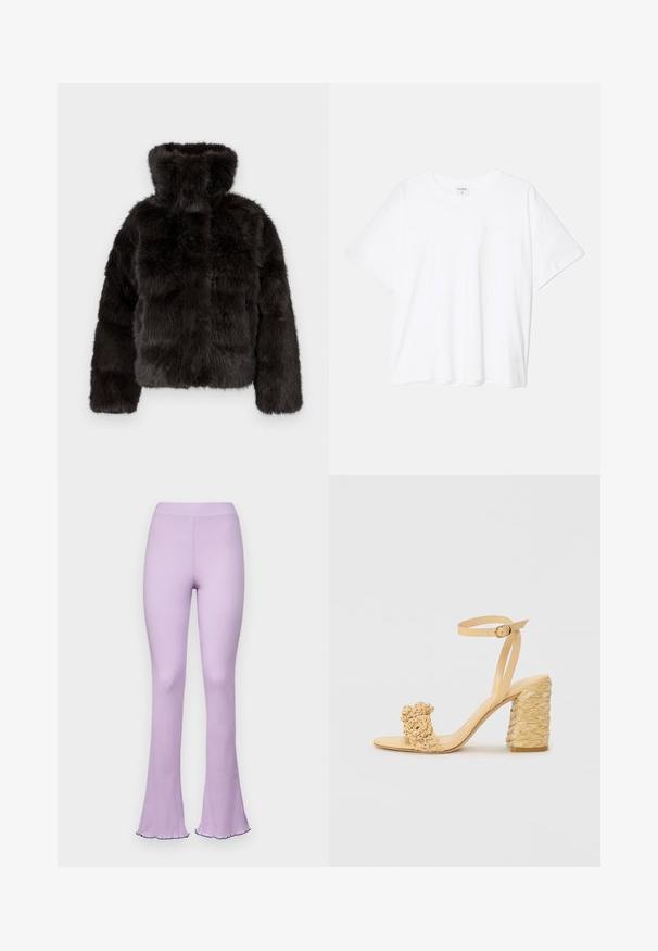 Črna jakna iz umetnega krzna z visokim ovratnikom, skrajšanim krojem in dolgimi rokavi. Ima teksturirano površino z mehkim, puhastim izgledom.; Bela bombažna majica s kratkimi rokavi, okroglim izrezom, sproščenim krojem in šivanim robom. Oznaka vidna na notranji strani izreza.; Svjetlo ljubičaste rebraste široke hlače s rastezljivim pojasom i nabranim donjim rubovima. Mekana tekstura, uski kroj i ležeran dizajn.; Beige sandala na visokom potplatu s pletenom teksturom, s dekorativnim cvijetom i remenom oko gležnja. Kvadratna peta osigurava stabilnost.