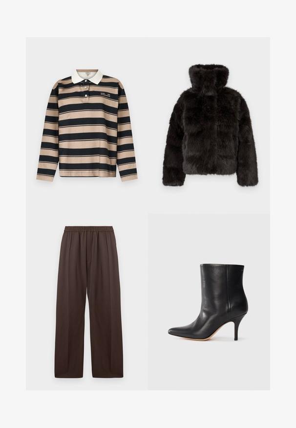 Fekete műszőrme dzseki magas gallérral, rövidített fazonnal és hosszú ujjakkal. Texturált felülete van, puha, bársonyos megjelenéssel.; Hosszú ujjú pólóing bézs és fekete vízszintes csíkokkal, fehér gallérral és három gombos nyakkivágással, valamint egy kis logós részlettel.; Barna, bő szárú nadrág, rugalmas derékkal és diszkrét elülső redőkkel, síkban elhelyezve egy fehér háttér előtt.; Fekete bőr bokacsizma hegyes orral, karcsú tűs sarkal és sima textúrával. Minimális dizájn, látható fémrészek vagy díszítések nélkül.