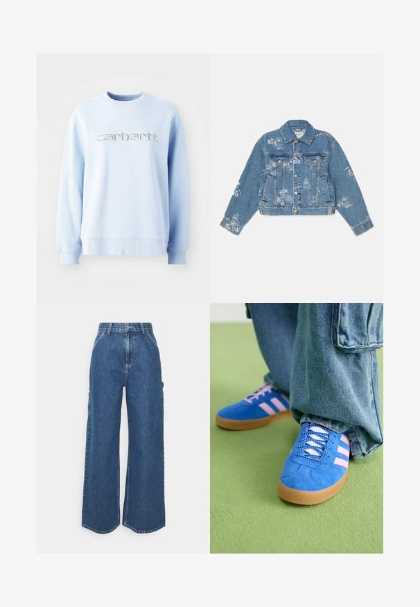 Jeansjacka i ljusblått med vita tryckta grafiker, lång ärm, klassisk krage, knäppning med knappar och två framfickor.; Ljusblå crewneck sweatshirt i mjukt tyg har en framträdande silverbroderad "carhartt"-logga på framsidan.; Breda ljusblå denimbyxor med hög midja, kontrasterande sömmar och sidofickor, som har en klassisk femficksdesign och råa kanter.; Blå mockaskor med rosa ränder och vita snören, med en sula av gummigummi, kombinerat med lösa denimbyxor på en grön yta.