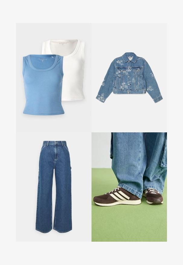 Jeans jakna svijetloplave boje s bijelim tiskanim grafikonima, dugim rukavima, klasičnom kragnom, kopčanjem na gumbi i dva prednja džepa.; Dva rebrasta topa: jedan svijetlo plave boje i jedan bijeli. Oba imaju okrugli izrez i usku siluetu, naglašavajući teksturu tkanine.; Široke plave traperice s visokim strukom, kontrastnim šavovima i bočnim džepovima, s klasičnim dizajnom s pet džepova i sirovim rubovima.; Smeđi sportski cipele od antilopa s mrežastim panelima i bijelim prugama. Upareni sa širokim plavim trapericama. Zelena teksturirana površina ispod.