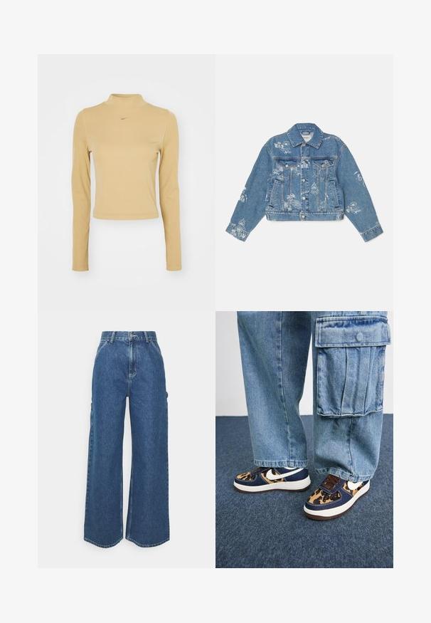 Jachetă din denim de culoare albastru deschis, cu grafică imprimată albă, mâneci lungi, guler clasic, închidere cu buton și două buzunare frontale.; Pulover cu mâneci lungi, cu guler înalt, din tricot, de culoare bej deschis, cu o croială slim. Este decorat cu un mic logo Nike de culoare aurie pe piept. Textură netedă.; Pantaloni din denim albastru cu talie înaltă și picioare largi, cu o cusătură contrastantă și buzunare laterale, având un design clasic cu cinci buzunare și margini brut.; Adidași bleumarin cu accente de leopard, sigla albă Nike, șireturi maro și talpă intermediară albă. Asortați cu pantaloni cargo din denim deschis.