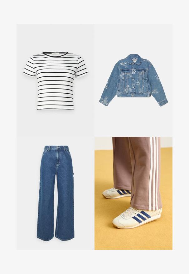 Džínová bunda ve světlé modré barvě s bílými tištěnými grafikami, dlouhými rukávy, klasickým límcem, zapínáním na knoflíky a dvěma předními kapsami.; Gina Tricot BASIC TIGHT - Jednoduché tričko - white; Široké modré džíny s vysokým pasem, kontrastním šitím a postranními kapsami, které mají klasický design s pěti kapsami a rozstřižené lemy.; Krémové tenisky s modrými semišovými pruhy, bílými tkaničkami a gumovou podrážkou. Spárovány se šedými tepláky s bílými bočními pruhy.