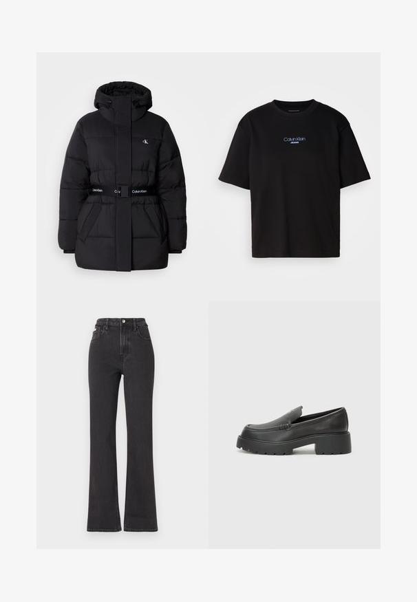 Čierna prešívaná bunda s vysokým golierom a nastaviteľnou kapucňou, zúžený pás, so zapínaním na opasok a logom na opasku a náprsných vreckách.; Čierne bavlnené tričko s okrúhlym výstrihom, krátkymi rukávmi a modrým vyšívaným logom "Calvin Klein JEANS" na prednej strane.; Čierne džíny s vysokým pásom a rozšírenými nohavicami vyrobené z denimu, s gombíkovým zapínaním, pútkami na opasok a bočnými vreckami. Hladká textúra s minimálnym ošúchaním.; Čierne kožené mokasíny s okrúhlou špičkou, hrubou textúrovanou podrážkou a minimom stehovej výzdoby. Štíhly dizajn bez viditeľných šnúr alebo kovania.