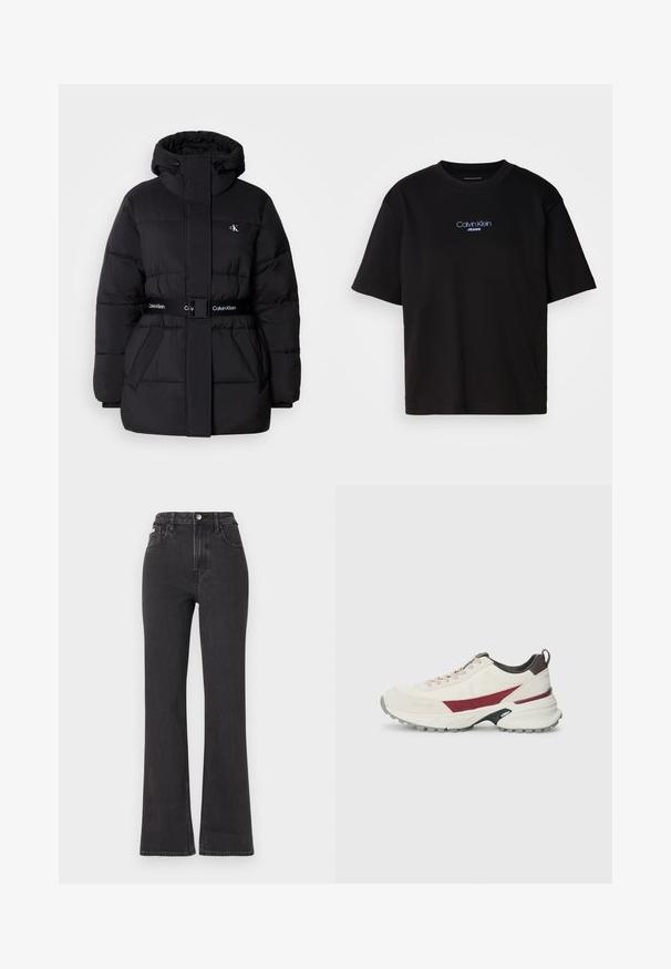 Black puffer jacket with a high collar and adjustable hood, cinched waist, belted design, and logo detailing on the belt and chest pockets.; Black cotton t-shirt with a round neck, short sleeves, and blue embroidered "Calvin Klein JEANS" logo on the front.; Black high-waisted flared jeans made of denim, featuring a button closure, belt loops, and side pockets. Smooth texture with minimal fading.; Sneaker in off-white with burgundy accents, textured upper material, sturdy rubber outsole, round toe, and lacing system.