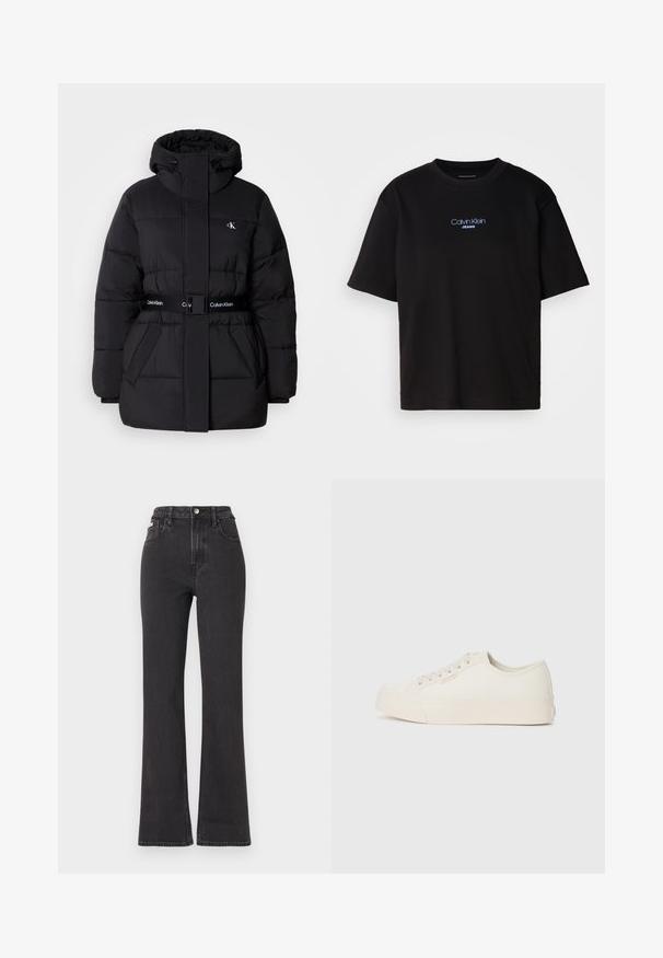 Sort pufferjakke med høj krave og justerbar hætte, cinchet talje, bælte-design og logodetaljer på bæltet og brystlommerne.; Sort bomulds t-shirt med rund hals, korte ærmer og blåt broderet "Calvin Klein JEANS" logo på fronten.; Sorte højtaljede flagrende jeans lavet af denim, med knaplukning, bæltestropper og sidelommer. Glat tekstur med minimal falming.; Sneakers lavet af off-white canvas, med et low-top design, rund tå og flad gummisål med diskrete syninger.