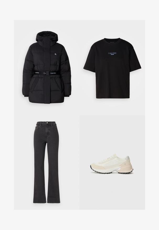 Black puffer jacket with a high collar and adjustable hood, cinched waist, belted design, and logo detailing on the belt and chest pockets.; Black cotton t-shirt with a round neck, short sleeves, and blue embroidered "Calvin Klein JEANS" logo on the front.; Black high-waisted flared jeans made of denim, featuring a button closure, belt loops, and side pockets. Smooth texture with minimal fading.; Lightweight sneakers featuring beige and white materials, a padded collar, textured suede accents, and a black rubber outsole.