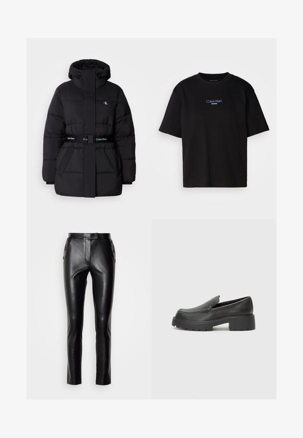 Črna puffer jakna z visokim ovratnikom in nastavljivo kapuco, zategnjenim pasom, obliko z pasom ter logotipom na pasu in žepih na prsih.; Črna bombažna majica s krožnim izrezom, kratkimi rokavi in modrim vezenim logotipom "Calvin Klein JEANS" na sprednji strani.; Črne usnjene hlače s ožjim fitom, ki imajo sprednji zadrgo, gumbasto zapiranje in gumbaste dodatke ob straneh. Gladka tekstura.; Črne usnjene loafers čevlje z zaobljenim nosom, debelim teksturiranim podplatom in minimalnimi šivi. Elegantna zasnova brez vidnih vezalk ali kovinskih delov.