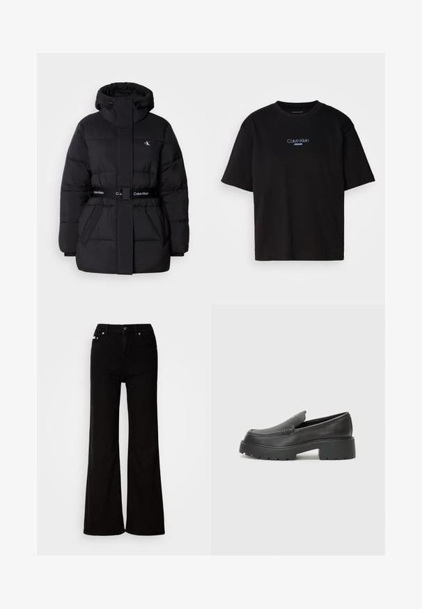 Črna puffer jakna z visokim ovratnikom in nastavljivo kapuco, zategnjenim pasom, obliko z pasom ter logotipom na pasu in žepih na prsih.; Črna bombažna majica s krožnim izrezom, kratkimi rokavi in modrim vezenim logotipom "Calvin Klein JEANS" na sprednji strani.; Črne flared jeans hlače z visokim pasom, ki imajo zadrgo in gumb, stranske žepe ter subtilne kovinske detajle.; Črne usnjene loafers čevlje z zaobljenim nosom, debelim teksturiranim podplatom in minimalnimi šivi. Elegantna zasnova brez vidnih vezalk ali kovinskih delov.