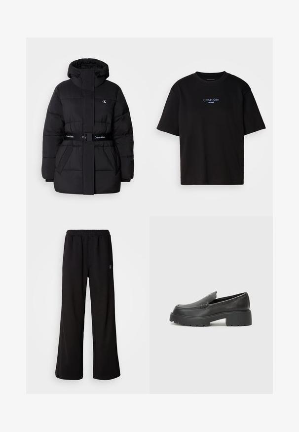 Casaco puffer preto com colarinho alto e capuz ajustável, cintura ajustada, design com cinto e detalhes do logótipo no cinto e nos bolsos do peito.; T-shirt preta de algodão com gola redonda, mangas curtas e logo bordado azul "Calvin Klein JEANS" na parte da frente.; Calças de treino pretas com um corte solto, cintura elástica e bolsos laterais. Feitas de um tecido macio com uma textura suave.; Mocassins de couro preto com bico arredondado, sola espessa e texturizada, e detalhes de costura minimalistas. Design elegante sem atacadores ou ferragens visíveis.