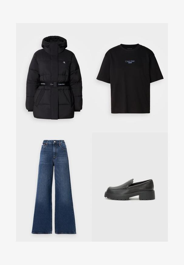 Giacca a vento nera con colletto alto e cappuccio regolabile, vita stretta, design con cintura e dettagli con logo sulla cintura e sulle tasche sul petto.; T-shirt nera in cotone con colletto rotondo, maniche corte e logo ricamato blu "Calvin Klein JEANS" sul davanti.; Jeans a vita alta con gamba larga realizzati in denim blu scuro, dotati di chiusura a bottone, cinque tasche e lievi sbiadimenti sulle cosce.; Mocassini in pelle nera con punta arrotondata, suola spessa e testurizzata, e minime cuciture. Design elegante senza lacci o parti metalliche visibili.