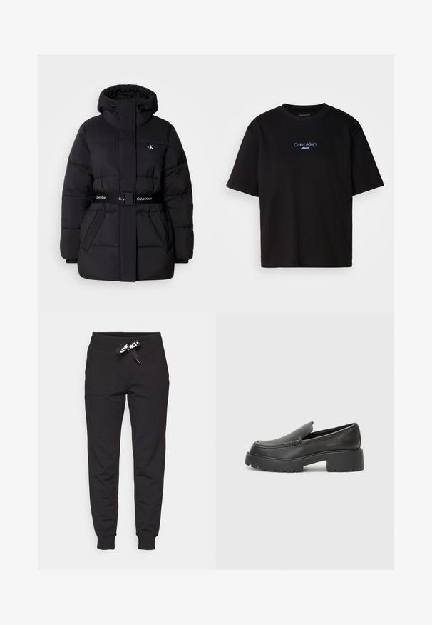Černá péřová bunda s vysokým límcem a nastavitelnou kapucí, staženým pasem, designem s páskem a logem na pásku a kapsách na hrudi.; Černé bavlněné tričko s kulatým výstřihem a krátkými rukávy, s modrou vyšitou nášivkou "Calvin Klein JEANS" na přední straně.; Černé tepláky vyrobené z měkké tkaniny, s elastickým pasem a šňůrou na stažení, a dvěma postranními kapsami. Zúžený střih nohavic.; Černé kožené mokasíny s okrouhlou špičkou, silnou strukturovanou podrážkou a minimálními detaily šití. Elegantní design bez viditelných tkaniček nebo kovových prvků.