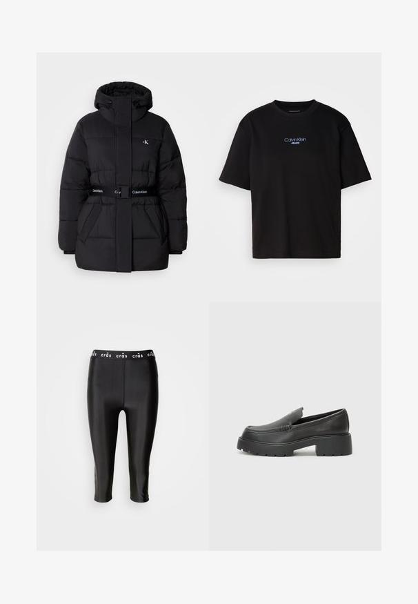 Melna puffa jakna ar augstu apkakli un regulējamu kapuci, sašaurināta vidukļa līnija, jostas dizains un logo detaļas uz jostas un krūšu kabatām.; Melna kokvilnas T-kreklu ar apaļu kaklu, īsām piedurknēm un zilu izšūtu "Calvin Klein JEANS" logo priekšpusē.; Melni īsie legingi ar spīdīgu apdari, ar platu jostu, kurā ir uzraksts "crās", un gludu tekstūru. Nav redzamu šuvju vai rakstu.; Melnas ādas mokasīni ar noapaļotu purngalu, biezs teksturēts zoles un minimālas dūriena detaļas. Gluds dizains bez redzamām auklām vai metāla elementiem.