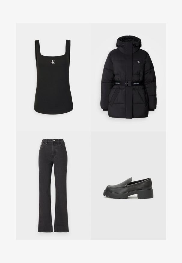 Čierna prešívaná bunda s vysokým golierom a nastaviteľnou kapucňou, zúžený pás, so zapínaním na opasok a logom na opasku a náprsných vreckách.; Čierny top bez rukávov so štvorcovým výstrihom, ryhovanou textúrou a malým bielym logom "cK" na hrudníku, so širokými ramienkami.; Čierne džíny s vysokým pásom a rozšírenými nohavicami vyrobené z denimu, s gombíkovým zapínaním, pútkami na opasok a bočnými vreckami. Hladká textúra s minimálnym ošúchaním.; Čierne kožené mokasíny s okrúhlou špičkou, hrubou textúrovanou podrážkou a minimom stehovej výzdoby. Štíhly dizajn bez viditeľných šnúr alebo kovania.