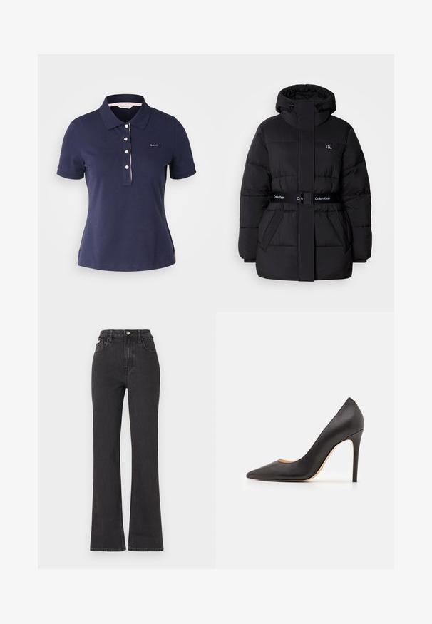 Melna puffa jakna ar augstu apkakli un regulējamu kapuci, sašaurināta vidukļa līnija, jostas dizains un logo detaļas uz jostas un krūšu kabatām.; Jūras spēku zila kokvilnas polo krekls ar klasisku apkakli, trim pogām un rozā akcentu apkakles malā. Tiek piedāvāts neliels logo uz krūšu daļas.; Melnas augstā jostasvietā plati izgrieztas džinsus no denima, ar pogu aizdari, jostas cilpām un sānu kabatām. Gluda tekstūra ar minimālu izbalēšanu.; Melns ādas augstpapēžu kurpes ar smailu purngalu, gludu struktūru un plānu stilbistu papēdi. Minimālistisks dizains, bez redzamas aparatūras.