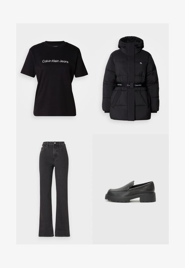 Juodas pūkinis švarkas su aukštu apykakle ir reguliuojama kapuce, susiaurinta talija, diržo dizainas ir logotipo detalės ant diržo ir krūtinės kišenių.; Juodas medvilninis marškinėliai trumpomis rankovėmis, apvalia iškirpte ir baltu "Calvin Klein Jeans" logotipu, centruotu krūtinėje. Lygus paviršius.; Juodi aukštu liemeniu platėjantys džinsai, pagaminti iš džinsinio audinio, su mygtuko uždarymu, diržo kilpomis ir šoninėmis kišenėmis. Lygus paviršius su minimaliais išblukimais.; Juodi odiniai loaferiai su apvaliu pirštu, storu tekstūruotu padu ir minimaliu siūlių dekoru. Išskirtinis dizainas be matomų raištelių ar furnitūros.