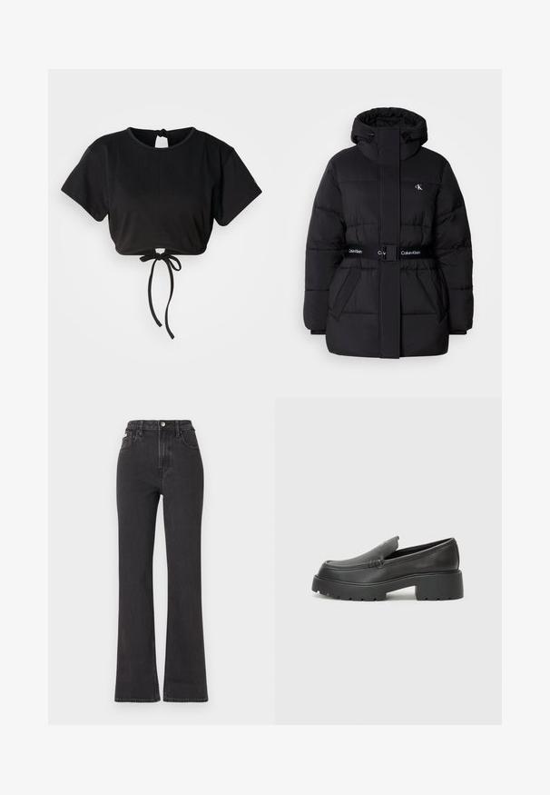 Juodas pūkinis švarkas su aukštu apykakle ir reguliuojama kapuce, susiaurinta talija, diržo dizainas ir logotipo detalės ant diržo ir krūtinės kišenių.; Juoda trumpa palaidinė, pagaminta iš minkštos medžiagos, su trumpomis rankovėmis, apvaliu kaklu ir su rišamu detaliu gale, leidžiančiu priderinti dydį.; Juodi aukštu liemeniu platėjantys džinsai, pagaminti iš džinsinio audinio, su mygtuko uždarymu, diržo kilpomis ir šoninėmis kišenėmis. Lygus paviršius su minimaliais išblukimais.; Juodi odiniai loaferiai su apvaliu pirštu, storu tekstūruotu padu ir minimaliu siūlių dekoru. Išskirtinis dizainas be matomų raištelių ar furnitūros.