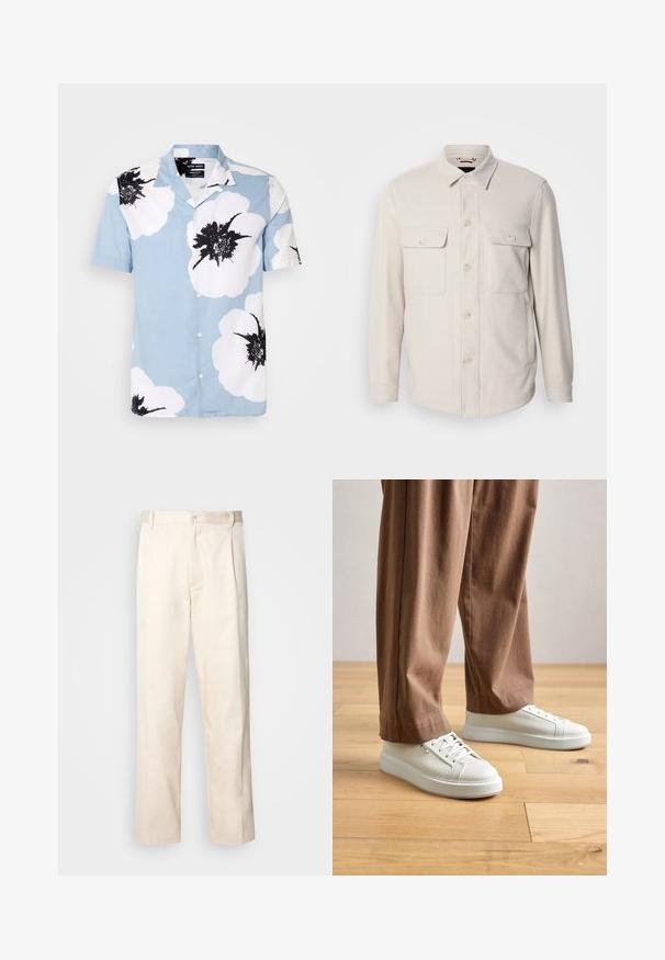 Gai pelēkbrūns pogu krekls ar garām piedurknēm, divām krūšu kabatām un apkakli, izgatavots no mīksta auduma ar smalku struktūru.; Gaišas zila krāsas īsajām piedurknēm pogājama krekliņa audums ar lieliem baltiem ziediem ar melniem akcentiem. Apģērba stilā ir kempingeja apkakle un brīvs griezums.; Bežā krāsā auduma bikses ar taisnu kāju griezumu, pievienotām pogu aizdares un priekšējiem krokām papildu detaļām.; Cilvēks valkā baltas teksturētas zemās kedas un brīvus brūnus šortus, stāv gaismas koka grīdā.