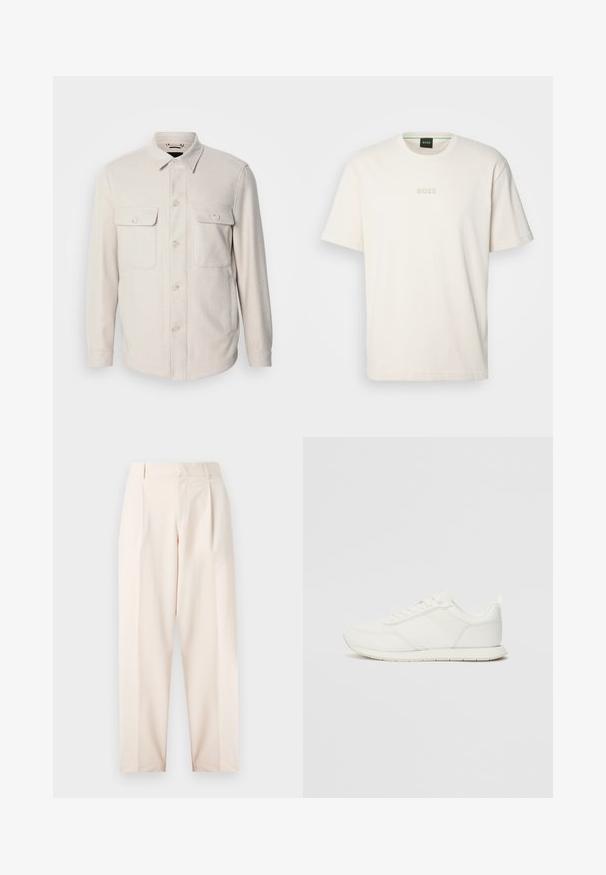 Lys beige skjorte med lange ermer, to brystlommer og krage, laget av myk stoff med en subtil tekstur.; BOSS TEE - T-shirts - open white; Beige skreddersydde bukser med høy midje, legg og rett ben-design. Laget av glatt stoff med sidelommer og en ren finish.; Hvit sneaker med en mesh- og syntetisk overdel, rund tå, flate lisser og en teksturert sidestropp. Gummisåle med en pull-tab bak.