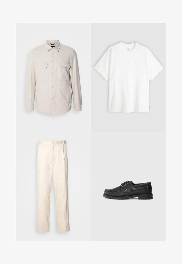 Light beige button-up shirt with long sleeves, two chest pockets, and a collar, made from soft fabric with a subtle texture.; White short-sleeve t-shirt made of cotton with a crew neck. Features subtle embossed logo detail on the front and a red label at the hem.; Beige cotton trousers with a straight-leg cut, featuring a button closure and pleats at the front for added detail.; Black leather boat shoe with thick rubber sole, lace-up front, and decorative side eyelets on plain light gray background.