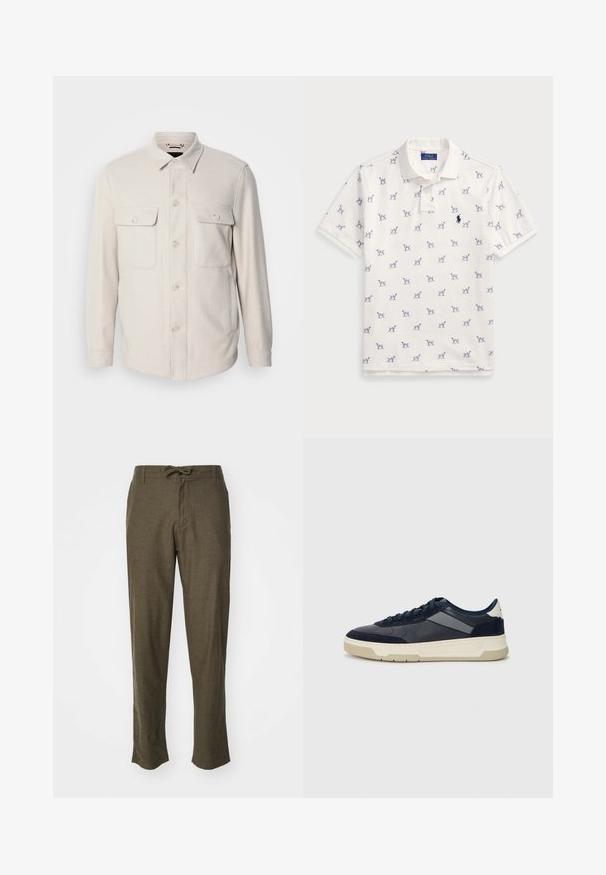 Lys beige skjorte med lange ermer, to brystlommer og krage, laget av myk stoff med en subtil tekstur.; Hvit polo skjorte laget av bomull, med et gjentatt blått hundemønster og en liten blå logo på brystet. Kortermet og med krage.; Olivegrønne bukser lavet af struktureret stof, med snor i taljen og lige ben, præsenteret mod en hvid baggrund.; BOSS BALTIMORE - Joggesko - open blue