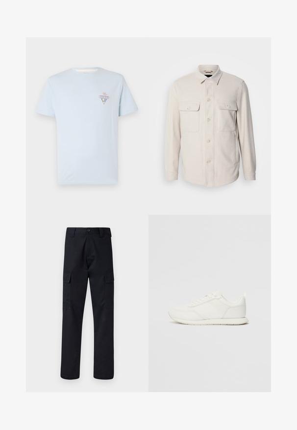 Chemise boutonnée beige clair à manches longues, avec deux poches poitrine et un col, fabriquée en tissu doux avec une texture subtile.; T-shirt en coton bleu clair à manches courtes et col rond, avec un petit logo triangulaire imprimé sur la poitrine gauche.; Pantalons cargo noirs en tissu résistant, avec une coupe droite, deux poches latérales et une fermeture à bouton à la taille.; Sneaker blanche avec une tige en mesh et en synthétique, bout rond, lacets plats et une bande latérale texturée. Semelle en caoutchouc avec une languette à l'arrière.