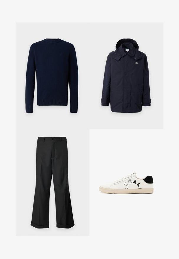 Námořnický modrý nepromokavý kabát s kapucí, který má patentky, boční kapsy a malou zelenou krokodýlí nášivku na hrudi.; Námorně modrý pletený svetr s kulatým výstřihem, žebrovanými manžetami a spodním lemem. Hladká textura se subtílním logem na horní části zad. Jednoduchý design.; Černé kalhoty s širokými nohavicemi, s páskem na knoflíky a zakončením nohavic do manžet, vystavené na čistém bílém pozadí.; Bílé kožené tenisky s černými akcenty na patě, s výrazným černým písmem na boku a gumovou podrážkou. Minimalistický design.