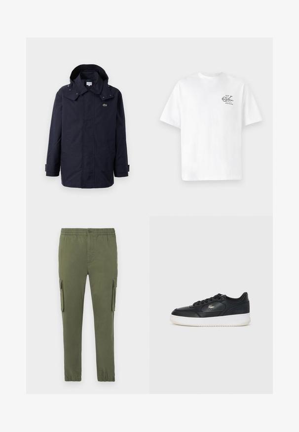 Temno modra vodoodporna jakna s kapuco, z gumbi na zapenjanju, stranskimi žepi in majhnim zelenim krokodilskim logotipom na prsih.; Bela bombažna majica s kratkimi rokavi, krožnim izrezom, s črnim CK logotipom na levi strani prsnega dela, standardne velikosti, gladke teksture.; Cargo hlače v olivno zeleni barvi, izdelane iz lahkega materiala. Imajo elastični pas, gumbasto zapiranje in stranske žepke z zadrgo.; Črne usnjene superge z belo podlago, s zaobljenim prstom, veznim dizajnom in diskretnim logotipom na strani. Zgornji del z teksturo.