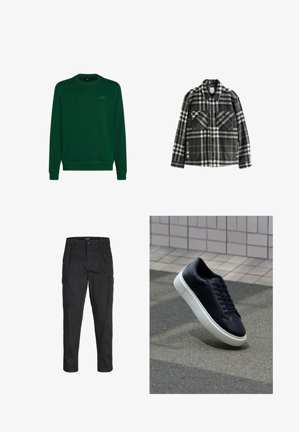 Tumes hallide ja valgete ruuduliste mustriga flanelljakk, millel on kaks rinna taskut, nupuga sulgemine ja klassikaline kaelusdisain.; Roheline ketsik, mis on valmistatud pehmest kangast, omab ümmargust kaelust, pikki varrukaid, soonikuid käeotsi ning väikest O'Neill logo rinnal.; Mustad mustapõlvik, mis on valmistatud tugeva koe kasutades, sisaldab mitmeid taskuid, nupule kinnitatav sulgemine ja kitsenev disain.; Mustast nahast tennisetoss, millel on ümar nina ja valge kummist tall. Omab siredaid paelu ja minimaalset õmblemist ülemises osas. Tekstuuriga tald, mis tagab haakuvuse.