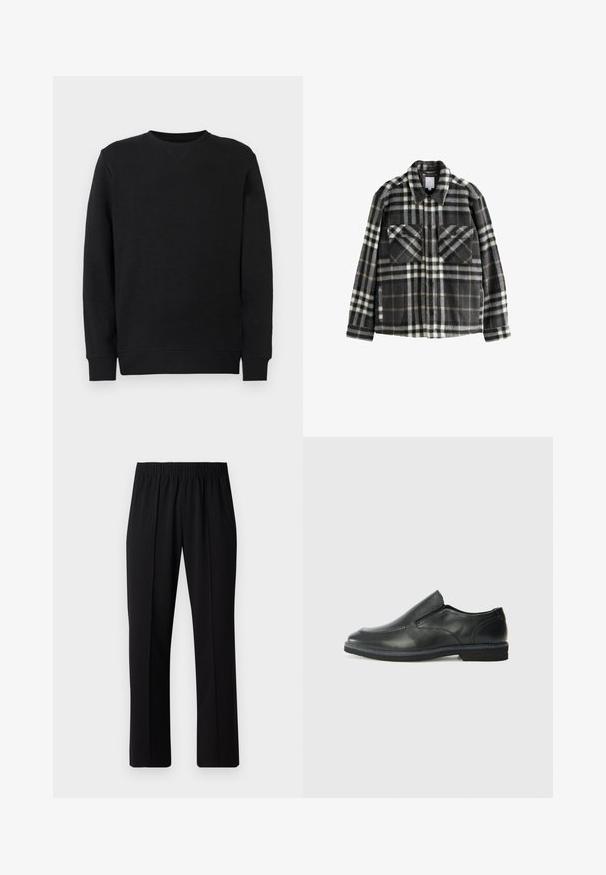 Tamsiai pilka ir balta languota flanelinė striukė, turinti dvi krūtines kišenes, mygtukų užsegimą ir klasikinį apykaklės dizainą.; Juodas džemperis su ilgomis rankovėmis, apvalia iškirpte, raukiniais rankogaliuose ir apatine dalyje, pristatytas prieš paprastą baltą foną.; Juodos, elastingos juosmens kelnės su tiesiomis kojomis, turinčios lygų paviršių ir be matomų raštų ar detalių.; Juodai odiniai įtvirtinimo batai su lygiu paviršiumi, siuvinėjimo akcentais, apvalia nosimi ir žemu guminiu kulnu. Pado raštas minimalus.