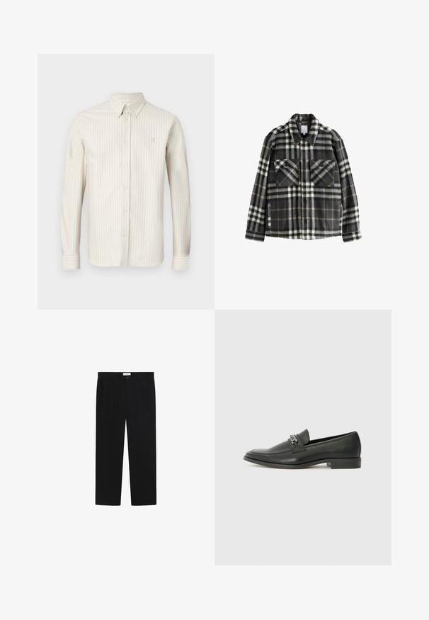 Giacca in flanella a quadri grigia scura e bianca, con due tasche sul petto, chiusura a bottoni e un design di colletto classico.; Camicetta a righe beige chiaro con colletto a camicia, maniche lunghe e un logo discreto sul petto. Tessuto morbido con una texture a coste verticali.; Pantaloni neri con design a gamba dritta, tasche frontali e chiusura con bottone. Realizzati in un tessuto liscio con una finitura elegante.; Mocassino in pelle nera con finitura liscia, caratterizzato da un design cucito e da un accento decorativo in catena metallica sul vamp. Tacco piatto.