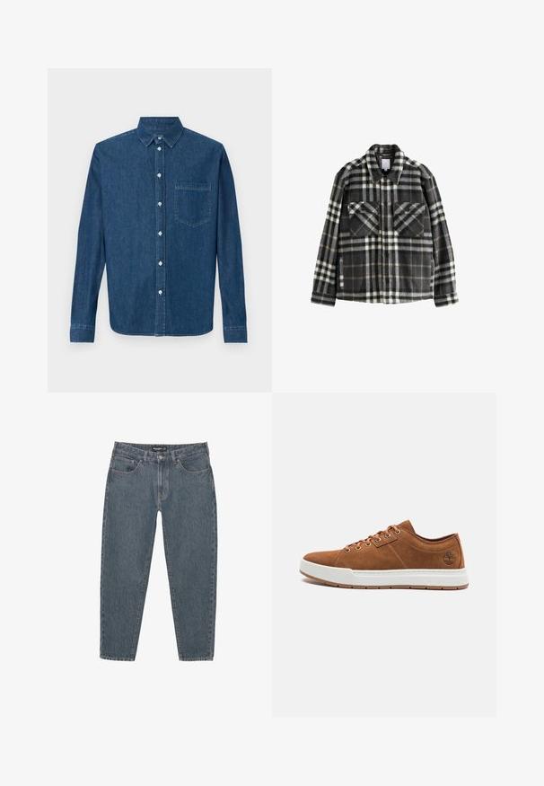 Giacca in flanella a quadri grigia scura e bianca, con due tasche sul petto, chiusura a bottoni e un design di colletto classico.; Camicia in denim blu scuro con maniche lunghe, apertura frontale con bottoni, colletto e una tasca sul petto. Caratterizzata da una texture liscia e una vestibilità standard.; T-shirt a maniche corte di colore arancione bruciato, realizzato in cotone. Presenta un colletto rotondo e una vestibilità rilassata con cuciture minime.; Jeans in denim blu scuro con vestibilità comoda, design a cinque tasche, chiusura con bottone e orlo leggermente sfilacciato. Materiale resistente con una texture sottile.; Sneakers in suede marrone con suola in gomma bianca, punta rotonda, sei occhielli in metallo e dettaglio del logo in rilievo sul lato. Design classico con lacci.