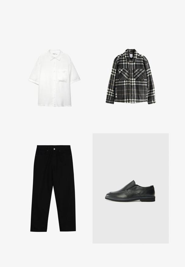 Rute flannel jakke i mørkegrå og hvid, med to brystlommer, knaplukning og et klassisk kravedesign.; Kortærmet hvid skjorte med knapper, fremstillet af glat stof, med krave og en enkelt brystlomme, i en afslappet pasform.; Sorte denimbukser med lige ben, fem lomme-design og knaplukning foran. Glat tekstur med minimale syninger.; Sorte læder slip-on sko med en glat overdel, syede detaljer, rund tå og en lav gummihæl. Sålen har minimal profil.