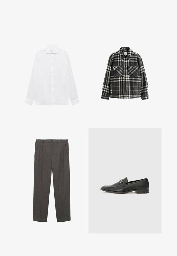 Károvaná flanelová bunda v tmavošedej a bielej farbe, s dvoma náprsnými vreckami, zapínaním na gombíky a klasickým dizajnom goliera.; Biela košeľa s dlhým rukávom, vyrobená z ľahkej textílie. Obsahuje klasický golier, predné zapínanie na gombíky a manžety so zaoblenými hranami.; Sivé, upravené nohavice vyrobené z textúrovanej látky. Majú gombíkový uzáver, dve predné vrecká a strih s rovnými nohavicami.; Čierne kožené loafers s hladkým povrchom, s prešitým dizajnom a dekoratívnym kovovým reťazovým akcentom cez priehlavok. Plochý podpätok.