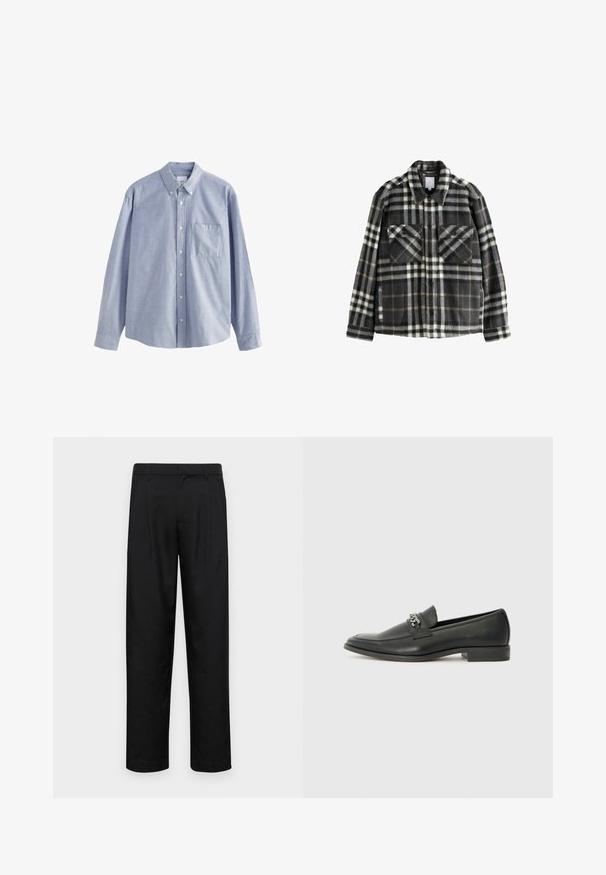 Kurtka flanelowa w kratę w ciemnoszarym i białym kolorze, z dwoma kieszeniami na piersi, zapięciem na guziki i klasycznym fasonem kołnierza.; Jasnoniebieska koszula z długim rękawem z bawełny, z kołnierzykiem zapinanym na guziki, sześcioma guzikami oraz kieszenią na piersi o miękkiej teksturze.; Czarne spodnie wykonane z gładkiego materiału, z prostą nogawką, dwoma fałdami z przodu oraz standardowym paskiem z wypustkami na pasek.; Czarne skórzane mokasyny o gładkim wykończeniu, z haftowanym wzorem i dekoracyjnym akcentem z metalowego łańcucha na wierzchu. Płaska pięta.