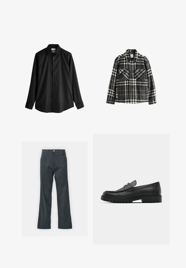 Sötét szürke és fehér kockás flaneldzseki, két mellzsebbel, gombos záródással és klasszikus gallér kialakítással.; Fekete, hosszú ujjú gombos ing, struktúrált gallérral, sima és fényes textúrával, elöl hat azonos gombbal.; Fekete nadrág egyenes szárú fazonban, pamut keverék anyagból készült. Fém gombos záródással és oldalsó zsebekkel rendelkezik. Nincs látható mintázat.; Fekete bőr loafer cipők kerek orral, varrott mintázattal, alacsony platformtalpú és texturált, barázdált gumitalppal.