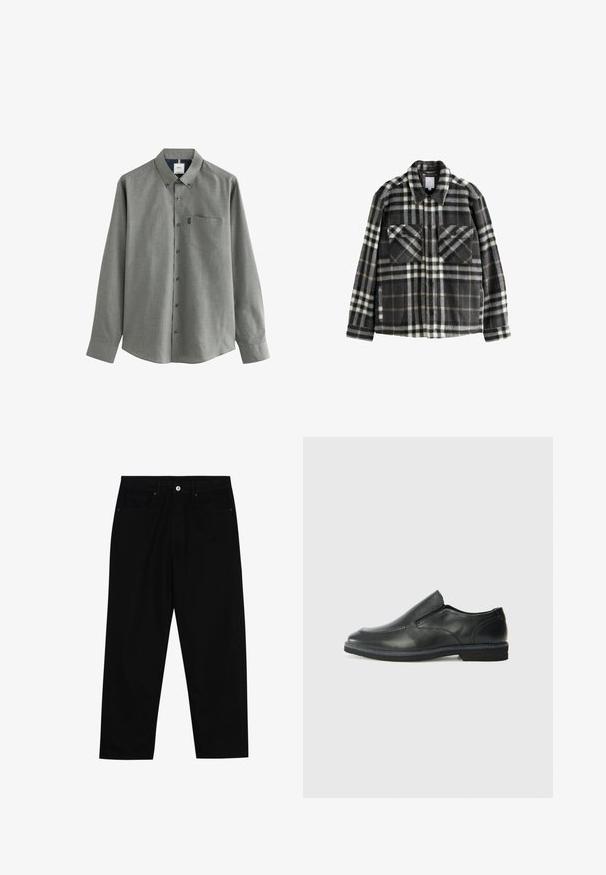 Tumes hallide ja valgete ruuduliste mustriga flanelljakk, millel on kaks rinna taskut, nupuga sulgemine ja klassikaline kaelusdisain.; Hallikas pika varrukaga särk, millel on nööbitav krae, esikott ja kontrastne sise kraediagramm. Sile tekstuur, klassikaline lõige.; Mustadest denimist püksid, millel on sirge jalg, viie tasku disain ja eesnupuga sulgur. Sile tekstuur koos minimaalsete õmblustega.; Must musta laia suuga king, millel on sile ülemine osa, õmmeldud detailid, ümmargune nina ja madal kummist konts. Tallal on minimaalne mustr.