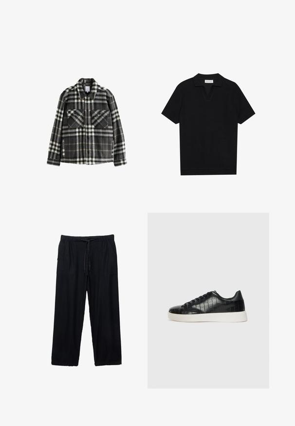 Jachetă din flanel în carouri, gri închis și alb, cu două buzunare pe piept, închidere cu buton și un design clasic al gulerului.; Tricou polo negru cu mânecă scurtă, dintr-un material texturat, cu un decolteu în formă de V și un tiv drept. Fără logo-uri sau modele vizibile.; Pantaloni negri, ușori, cu croială largă, dotati cu un brâu elastic și șnur. Au două buzunare laterale și o textură netedă.; Tenisi negri cu un exterior din piele texturată imitată crocodil, vârf rotund și o talpă din cauciuc alb contrastant, cu un finisaj neted.