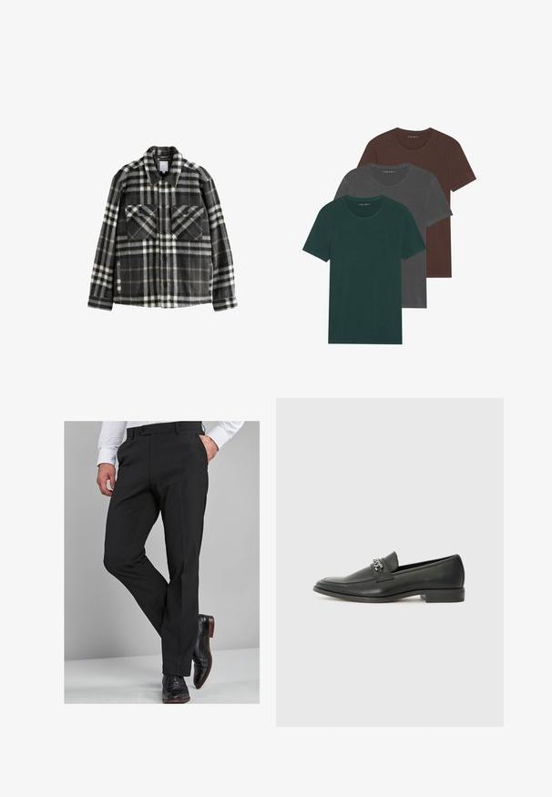 Gemaakt van een geruite flanellen jack in donkergrijs en wit, met twee borstzakken, knoopsluiting en een klassieke kraagontwerp.; Drie korte mouwen t-shirts gestapeld: donkergroen, grijs en bruin. Zacht katoenmateriaal met ronde halslijnen en zonder zichtbare patronen of accenten.; Zwarte broek met een getailleerde pasvorm, met een gladde textuur, rechte pijpen en riemlussen, gecombineerd met gepolijste zwarte dresschoenen.; Zwarte leren instapper met een gladde afwerking, voorzien van een gestikt ontwerp en een decoratieve metalen kettingaccent over de wreef. Platte hak.