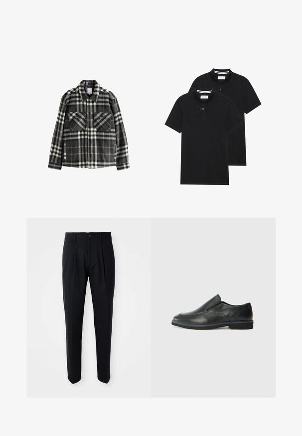 Tumši pelēks un balts raibs flaneles jaka ar divām krūšu kabatām, pogu aizdari un klasiskas apkakles dizainu.; Divas melnas polo krekli, īsām piedurknēm, no kokvilnas materiāla, ar klasisku apkakli, divu pogu aizdari un balti svītroti akcenti apkakles iekšpusē.; Melnas pielāgotas bikses ar priekšējām krokām, pogu aizdari un jostu cilpām, izliktas uz baltā fona.; Melnas ādas slip-on kurpes ar gludu augšdaļu, izšūtām akcentiem, noapaļotu purngala daļu un zemu gumijas papēdi. Zole ar minimālu rakstu.