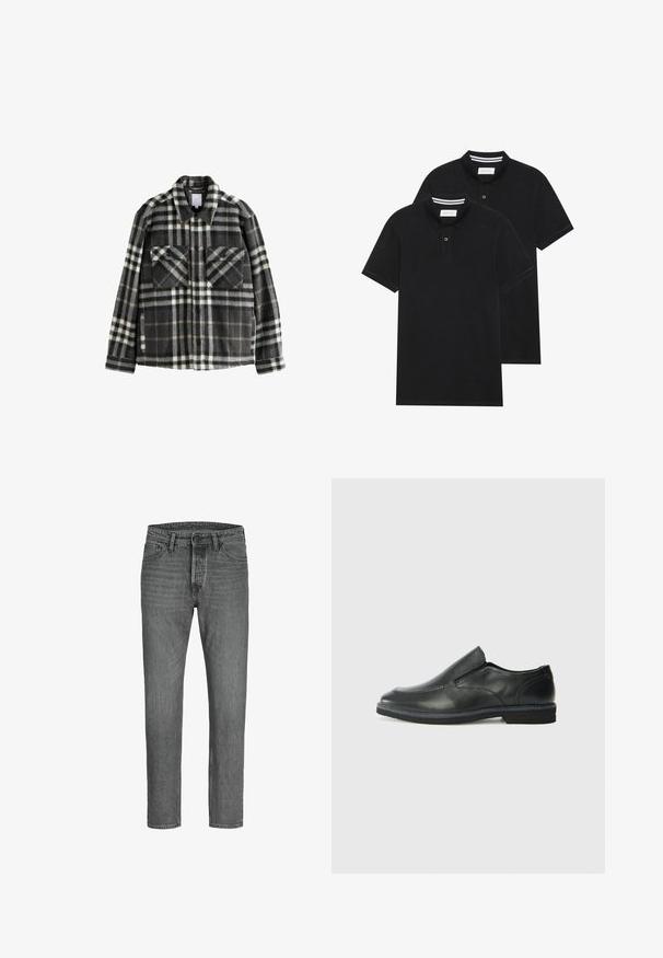 Tumši pelēks un balts raibs flaneles jaka ar divām krūšu kabatām, pogu aizdari un klasiskas apkakles dizainu.; Divas melnas polo krekli, īsām piedurknēm, no kokvilnas materiāla, ar klasisku apkakli, divu pogu aizdari un balti svītroti akcenti apkakles iekšpusē.; Pelēki denimi džinsi ar taisnu piegriezumu, piecu kabatu dizainu un metāla pogu aizdari. Labi valkāta tekstūra un smalka izbalēšana visā virsmā.; Melnas ādas slip-on kurpes ar gludu augšdaļu, izšūtām akcentiem, noapaļotu purngala daļu un zemu gumijas papēdi. Zole ar minimālu rakstu.