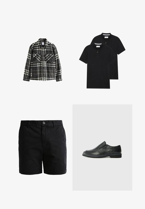 Ruudullinen flanellitakki tummanharmaana ja valkoisena, jossa on kaksi rintataskua, napitus ja klassinen kaulustyyli.; Kaksi mustaa lyhythihaista poolopaitaa, puuvillamateriaalia, joissa on klassinen kaulus, kahden napin napitus ja valkoiset raidat kauluksen sisällä.; Mustat puuvillashortsit, joissa on sileä pinta, napin suljenta ja käännetyt lahkeet. Varustettu vyölenkeillä ja etutaskuilla käytännöllisyyden takaamiseksi.; Musta nahkainen liukujalkine, jossa on sileä pinta, ommeltuja yksityiskohtia, pyöristetty kärki ja matala kumipohja. Pohjassa on minimaalinen pito.